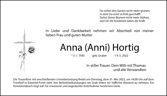 Traueranzeige von Anna Hortig von Gesamtausgabe Nürnberger Nachrichten/ Nürnberger Ztg.
