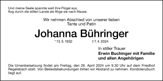 Traueranzeige von Johanna Bühringer von Schwabacher Tagblatt Lokal