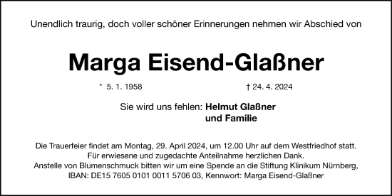 Traueranzeige von Marga Eisend-Glaßner von Gesamtausgabe Nürnberger Nachrichten/ Nürnberger Ztg.