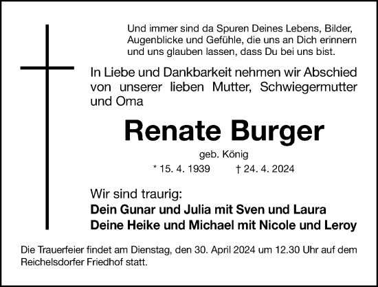 Traueranzeige von Renate Burger von Gesamtausgabe Nürnberger Nachrichten/ Nürnberger Ztg.