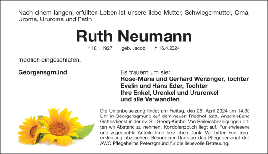 Traueranzeige von Ruth Neumann von Roth-Hilpoltsteiner Volkszeitung Lokal