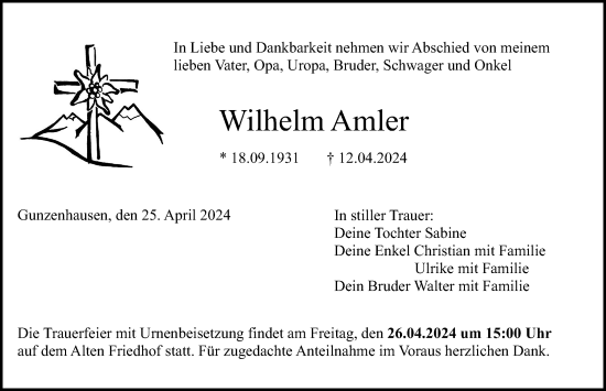 Traueranzeige von Wilhelm Amler von Altmühl-Bote Lokal