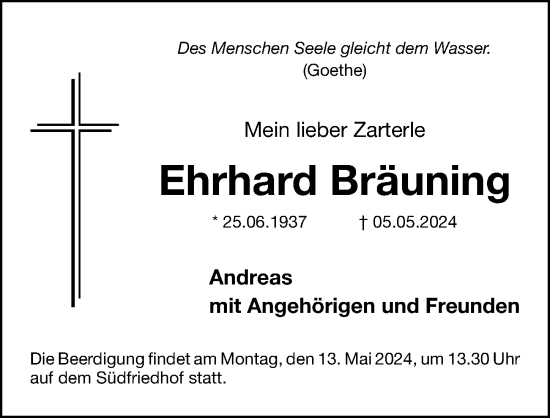 Traueranzeige von Ehrhard Bräuning von Gesamtausgabe Nürnberger Nachrichten/ Nürnberger Ztg.