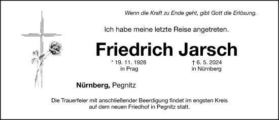 Traueranzeige von Friedrich Jarsch von Gesamtausgabe Nürnberger Nachrichten/ Nürnberger Ztg.