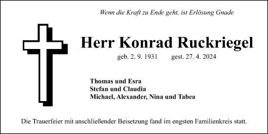 Traueranzeige von Konrad Ruckriegel von Gesamtausgabe Nürnberger Nachrichten/ Nürnberger Ztg.