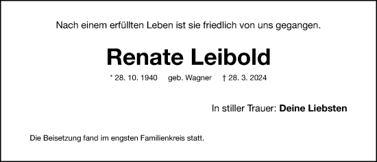 Traueranzeige von Renate Leibold von Gesamtausgabe Nürnberger Nachrichten/ Nürnberger Ztg.